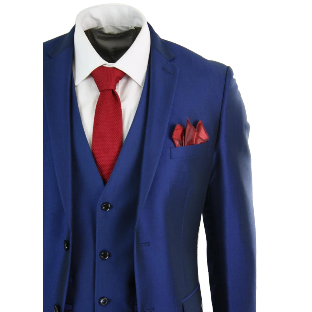 Mens Boys 3 Piece Shiny Blue Wedding Prom Party Suit Tailored Fit Smart Formal-TruClothing