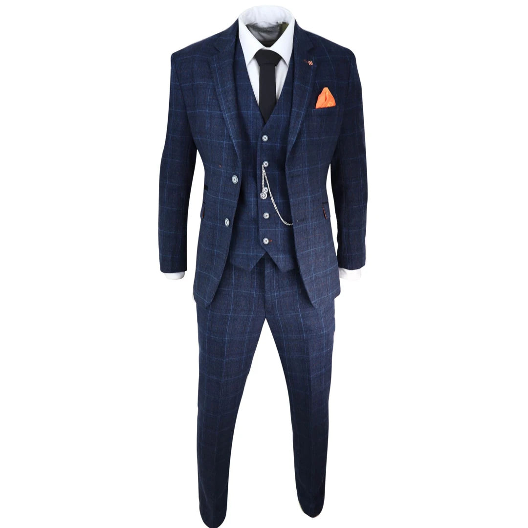 Mens Boys 3 Piece Suit Tan Navy Check Wedding Prom Formal Vintage Tailored Fit-TruClothing