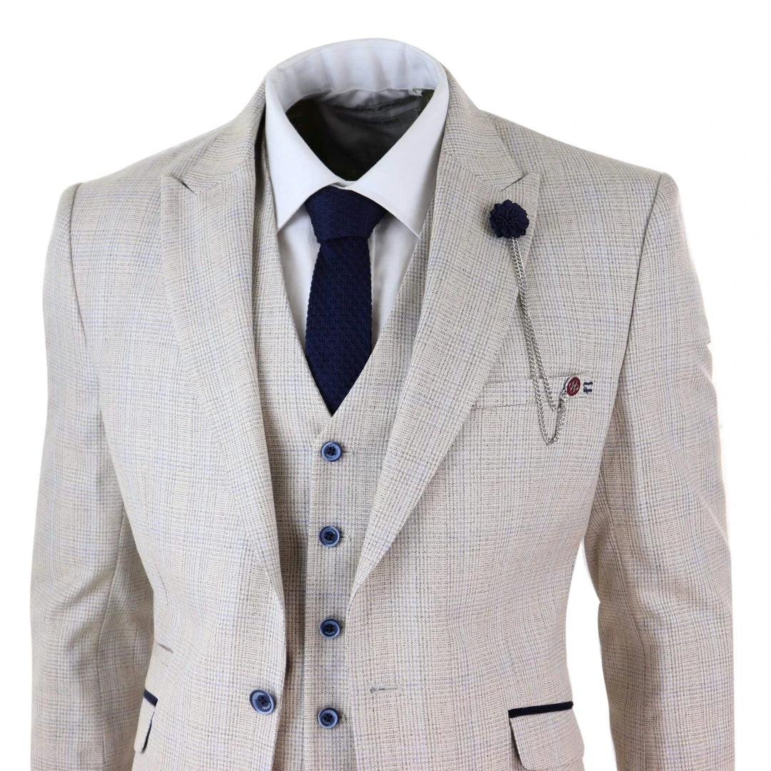 Mens Boys 3 Piece Suit Tweed Cream Black Tailored Fit Wedding Classic-TruClothing