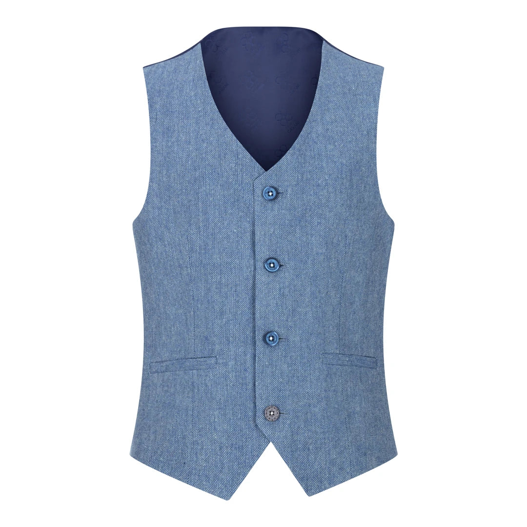 Mens Boys 3 Piece Wool Suit Light Blue Tweed Vintage 1920s Classic 4 Pocket Waistcoat-TruClothing