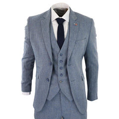 Mens Boys 3 Piece Wool Suit Light Blue Tweed Vintage 1920s Classic 4 Pocket Waistcoat-TruClothing