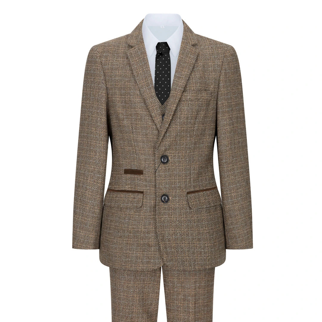 Mens Boys Brown 3 Piece Suit Tweed Check Vintage Retro Tailored Fit 1920s-TruClothing