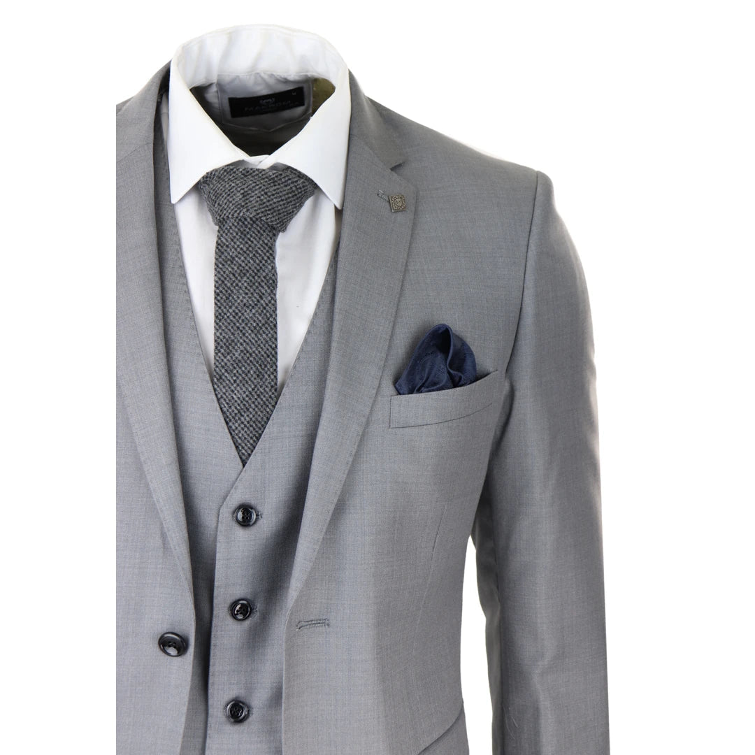 Mens Boys Light Grey 3 Piece Suit Classic Stitch Wedding Summer Prom Classic Grooms-TruClothing