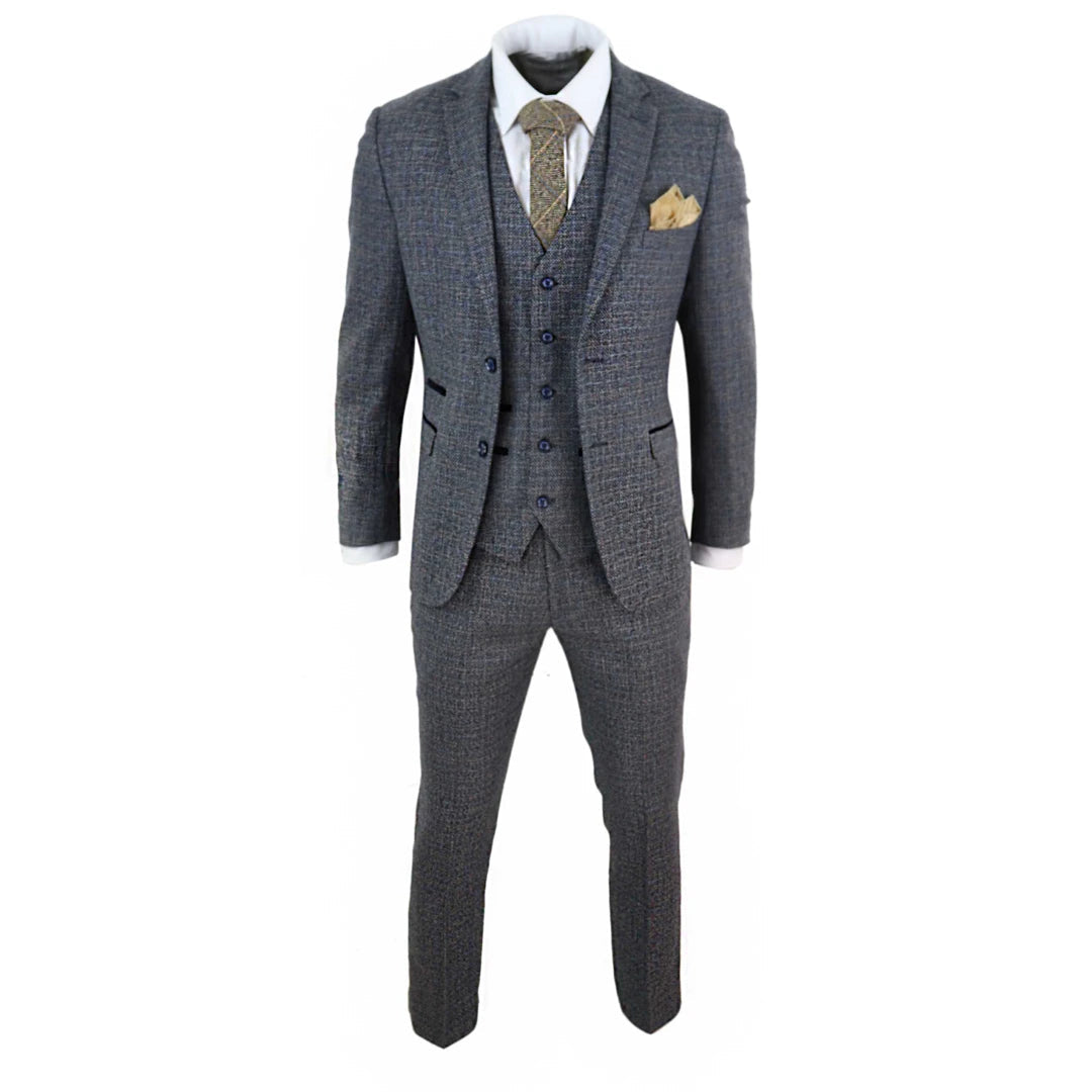 Mens Boys Navy 3 Piece Suit Tweed Check Vintage Retro Tailored Fit 1920s-TruClothing