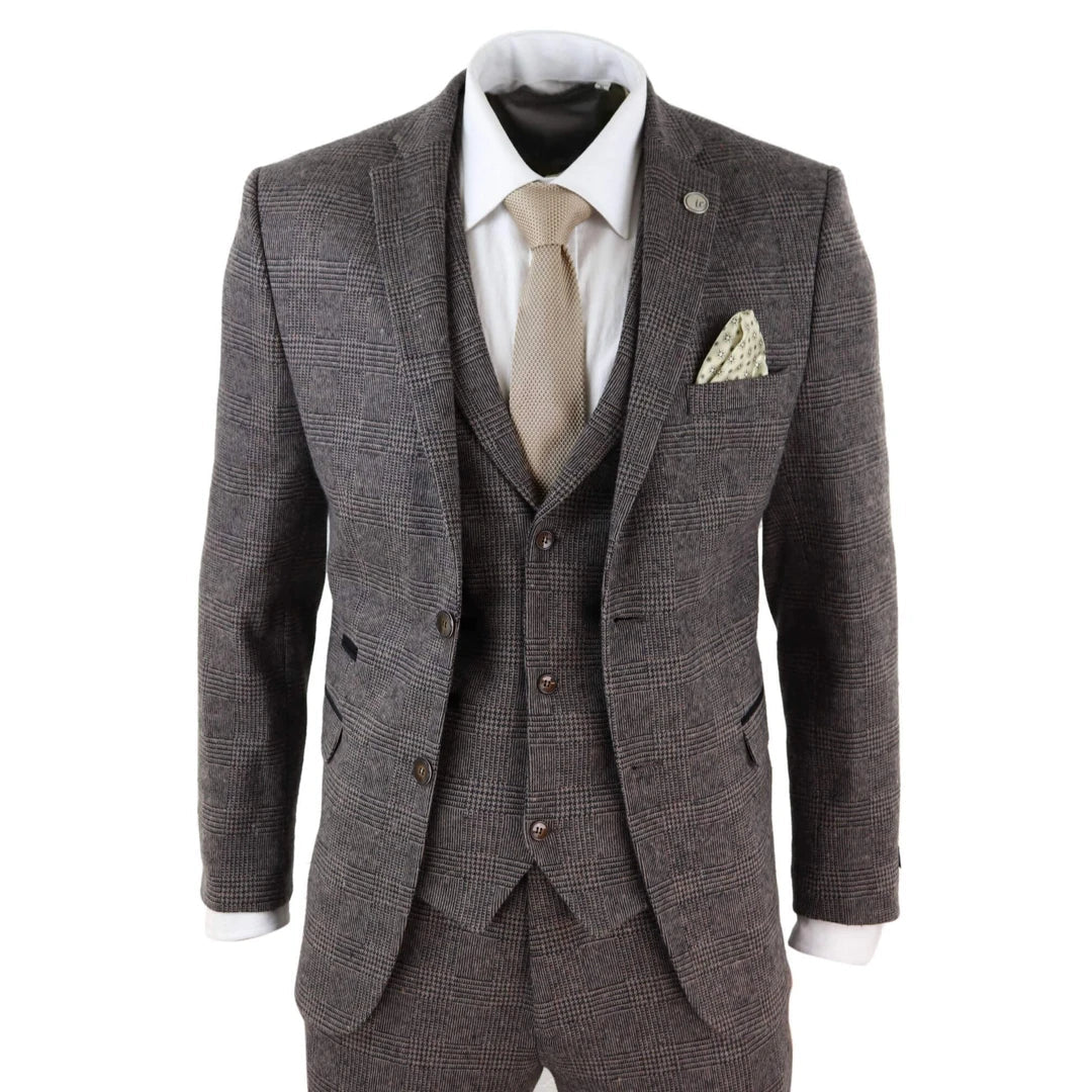 TruClothing STZ17 Men's Wool 3 Piece Check Suit Tweed Brown