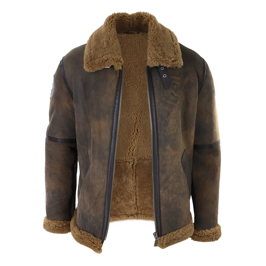 Mens Brown Distressed Real Sheepskin Flying Jacket Camel Fur Zipped Classic Winter-TruClothing