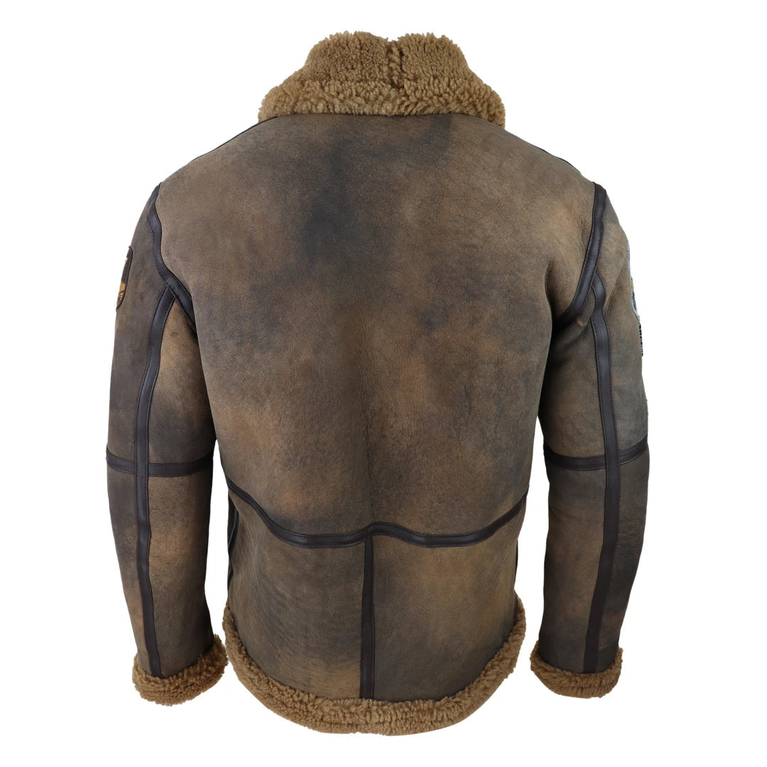 Mens Brown Distressed Real Sheepskin Flying Jacket Camel Fur Zipped Classic Winter-TruClothing