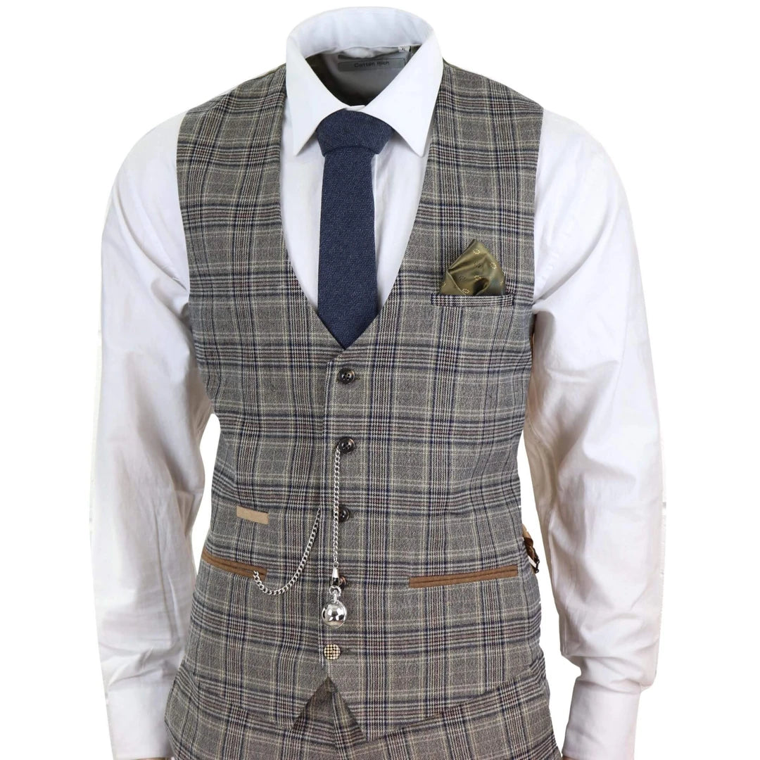 Men's Brown Tweed Check 3 Piece Suit-TruClothing