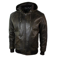 Mens Brown Washed Distressed Removable Hood Bomber Leather Jacket Quilted-TruClothing
