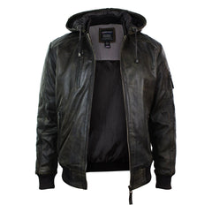 Mens Brown Washed Distressed Removable Hood Bomber Leather Jacket Quilted-TruClothing