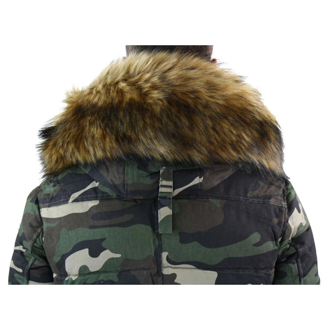 Men s Camo Quilted Padded Puffer Jacket Hood Fur TruClothing
