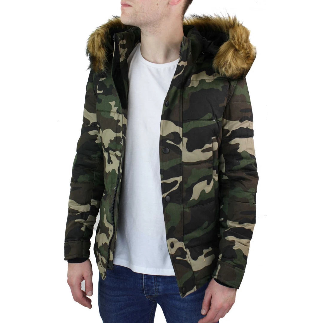 Men's Camo Camouflage Quilted Padded Puffer Jacket Hood Fur Removable -  Green / Large