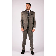 Mens Check Tweed 3 Piece Blue Navy Suit Vintage Retro Tailored Fit Prince Of Wales-TruClothing