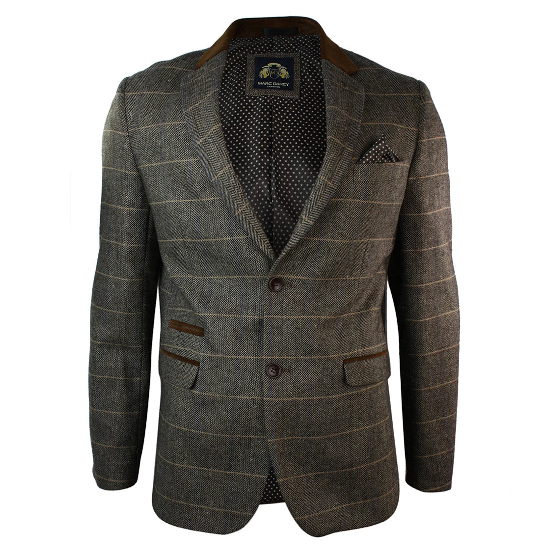Mens Check Vintage Herringbone Tweed Grey Charcoal Blazer Jacket Fitted-TruClothing