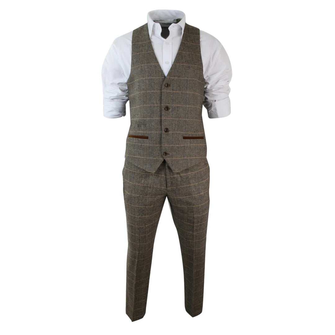 Mens Check Vintage Herringbone Tweed Tan Brown 3 Piece Suit Slim Fit Wedding-TruClothing