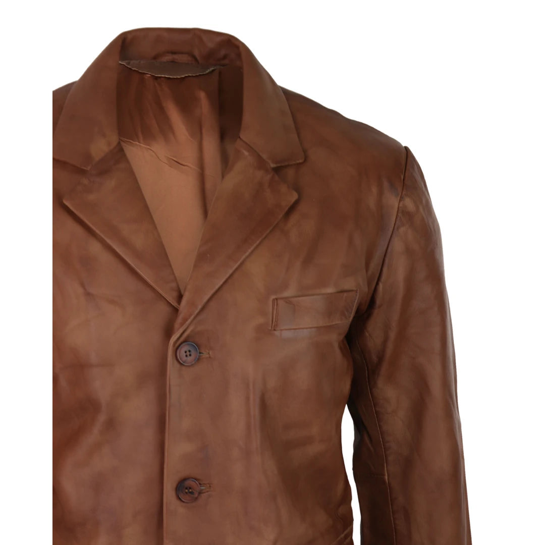 Mens Classic 3 Button Blazer Jacket Distressed Brown Black Tan Soft Genuine Real Leather-TruClothing