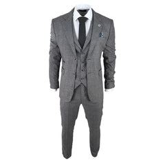 Mens Classic 3 Piece Suit Prince Of Wales Check Grey Tailored Fit Vintage Wedding-TruClothing