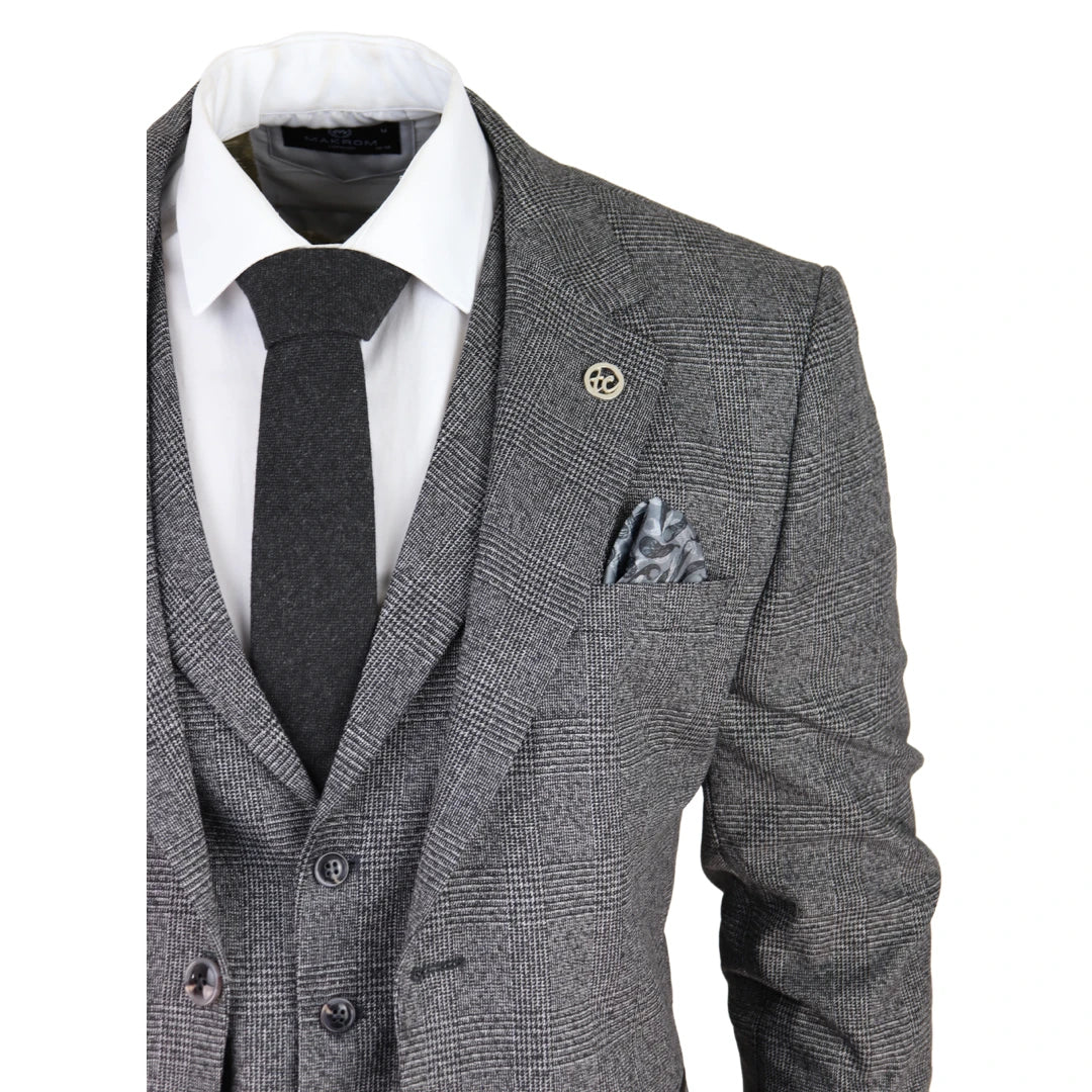 Mens Classic 3 Piece Suit Prince Of Wales Check Grey Tailored Fit Vintage Wedding-TruClothing