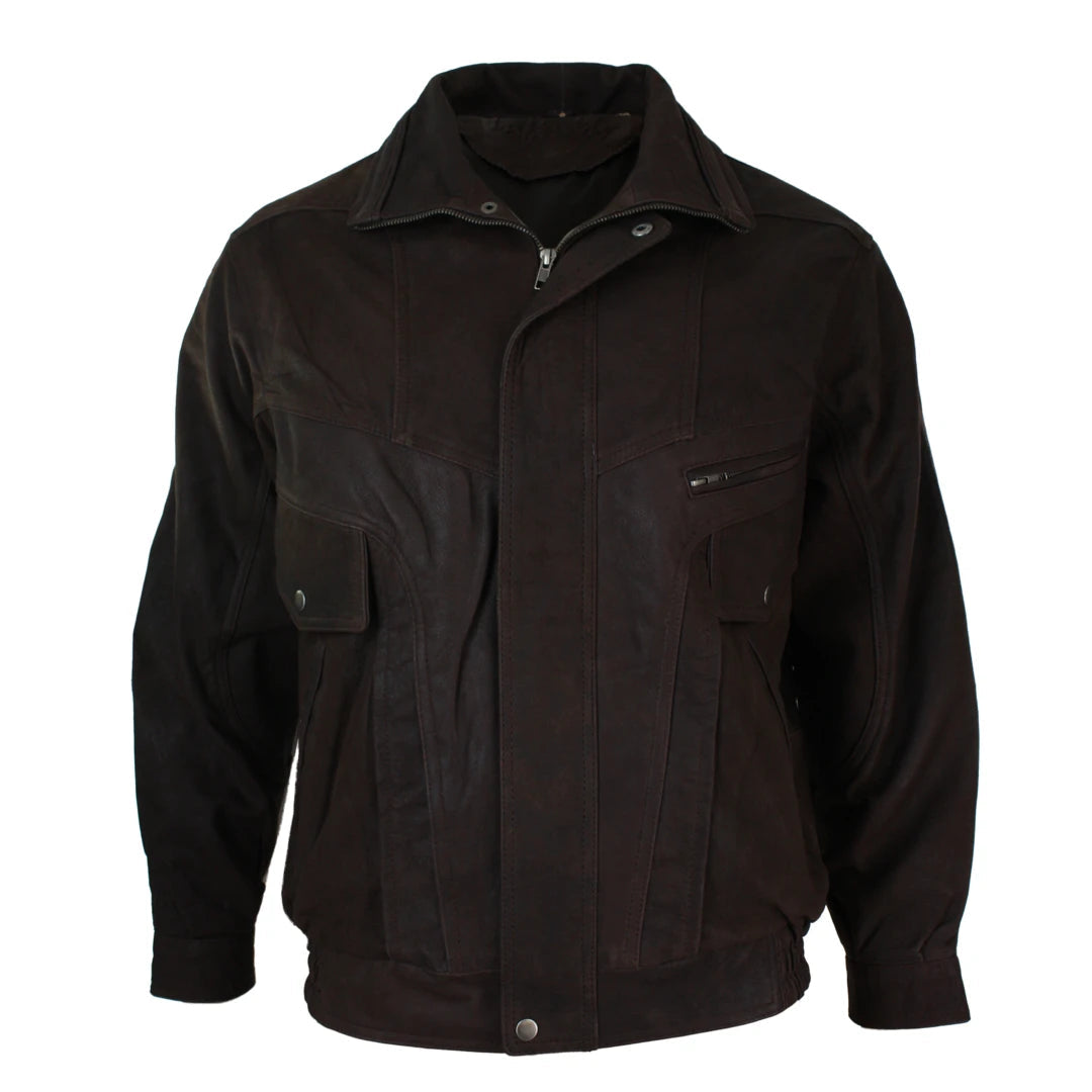 Mens Classic Bomber Black Nubuck Washed Brown Real Leather Jacket-TruClothing