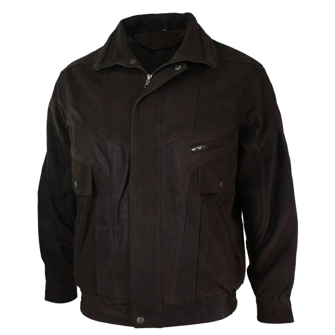 Mens Classic Bomber Black Nubuck Washed Brown Real Leather Jacket-TruClothing