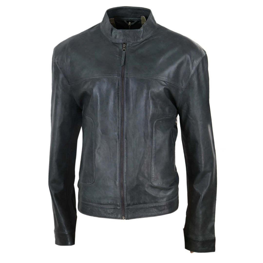 Mens Classic Casual Genuine Leather Biker Style Jacket Collarless Retro-TruClothing