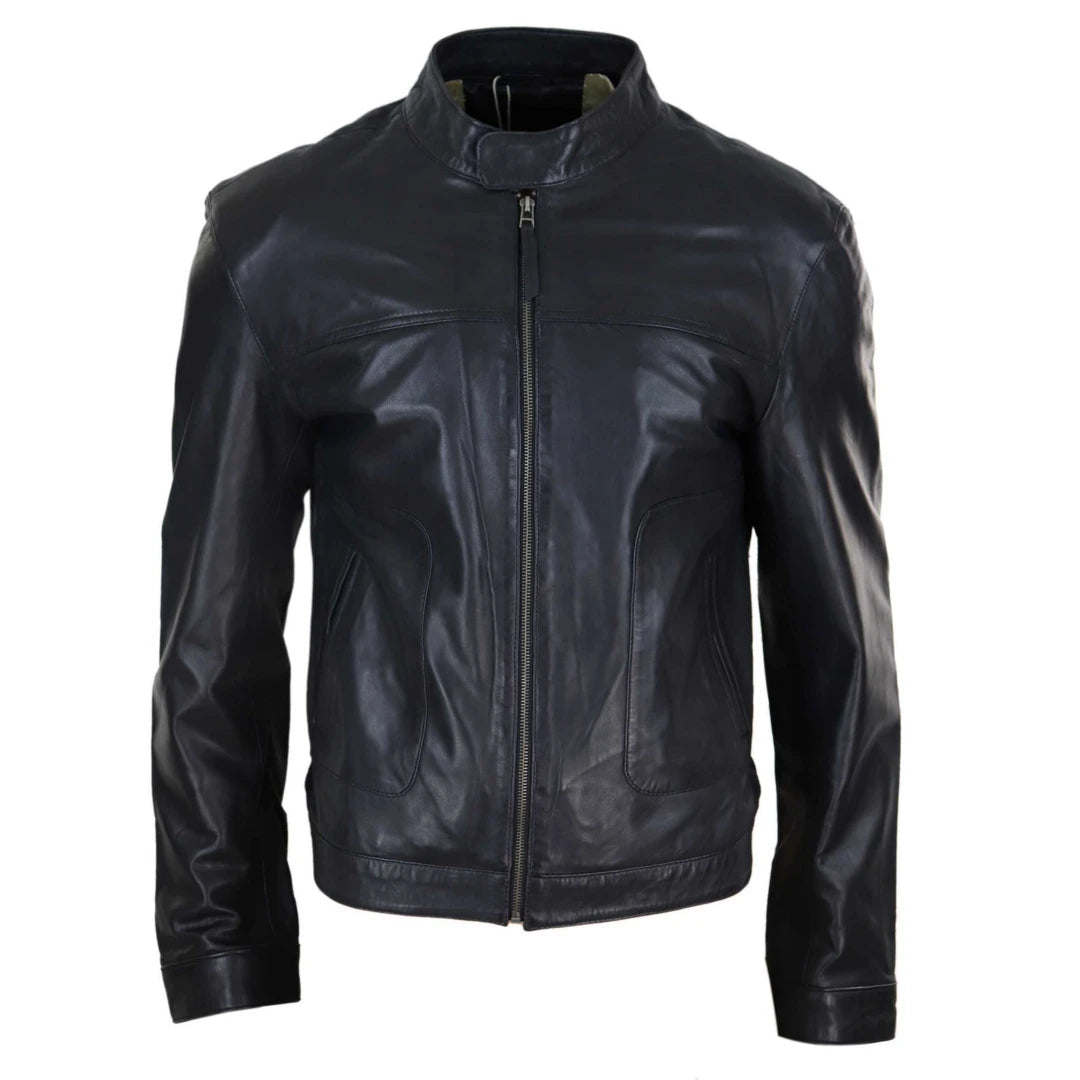Mens Classic Casual Genuine Leather Biker Style Jacket Collarless Retro-TruClothing