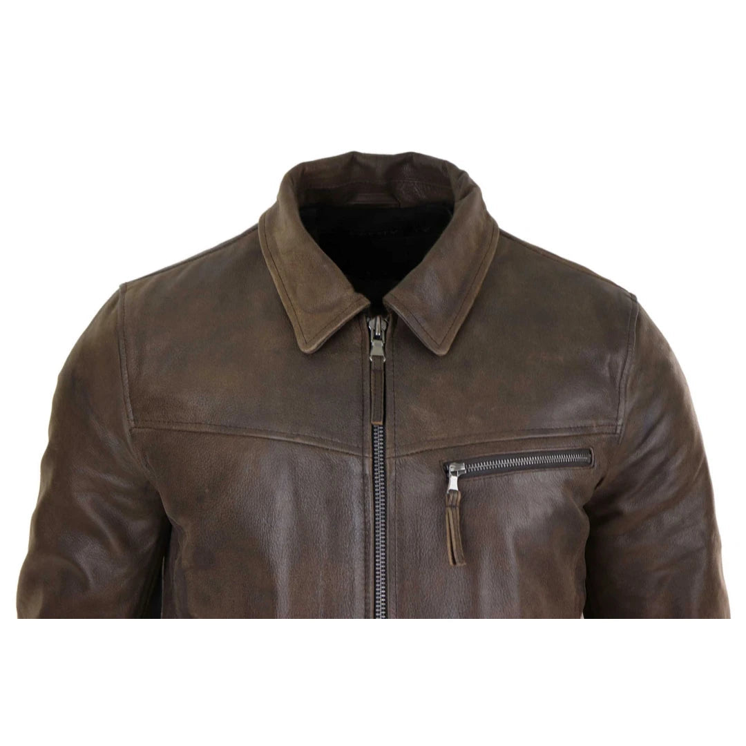 Mens Classic Real Leather Soft Hide Zipped Collar Box Jacket Smart Casual Fit-TruClothing