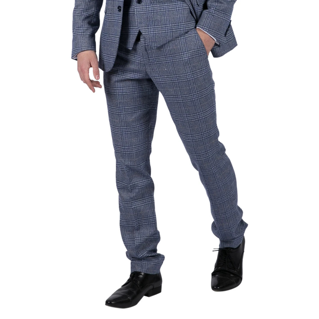 Mens Classic Trousers Tweed Check Retro 1920s Gatsby Blinders Royal Blue Wedding-TruClothing