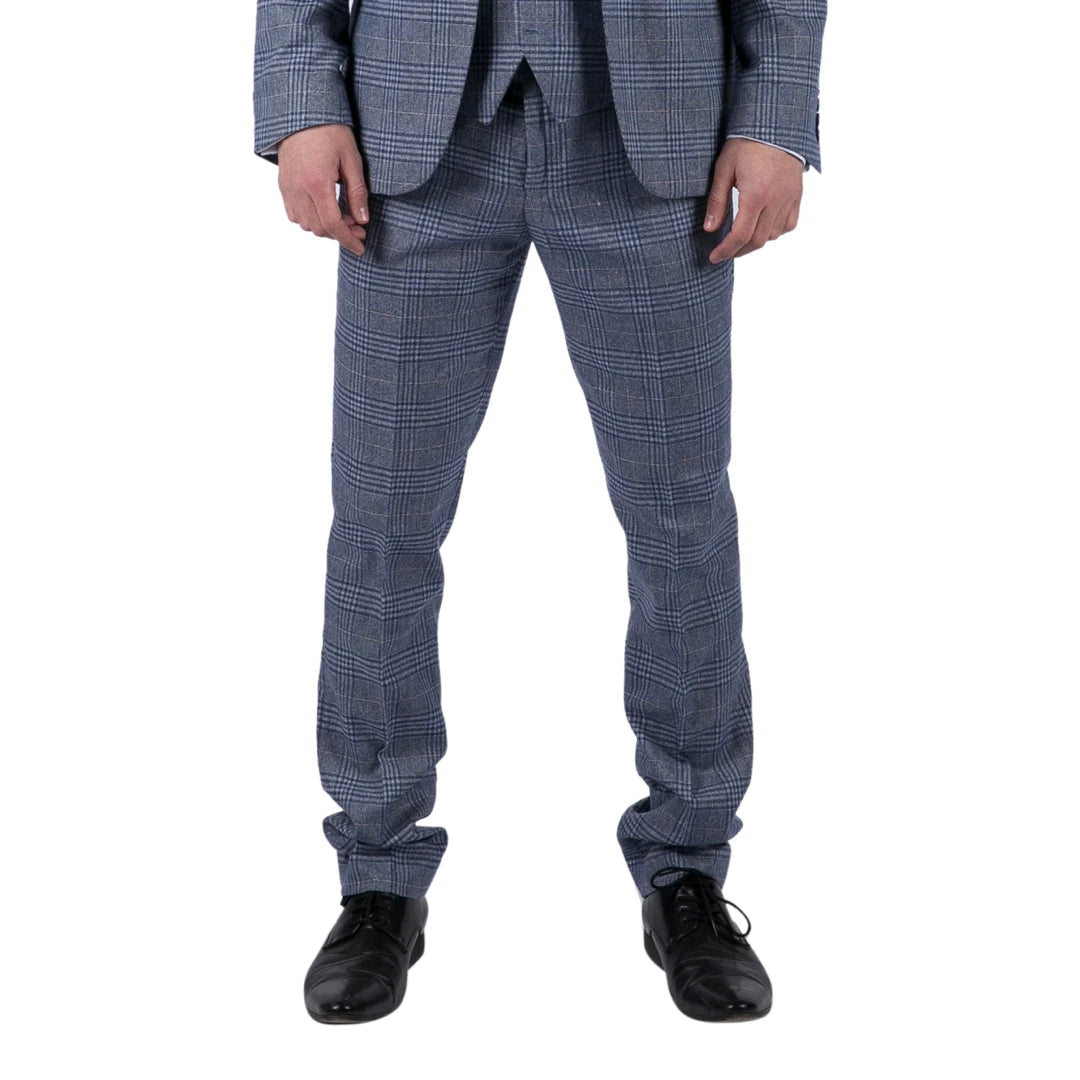 Mens Classic Trousers Tweed Check Retro 1920s Gatsby Blinders Royal Blue Wedding-TruClothing