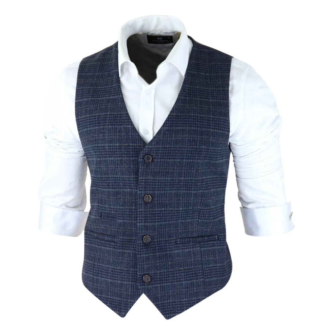 Mens Classic Waistcoat Prince Of Wales Check Blue Slim Fit Vintage Wedding-TruClothing