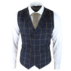 Mens Classic Waistcoat Prince Of Wales Check Navy Slim Fit Vintage Wedding-TruClothing