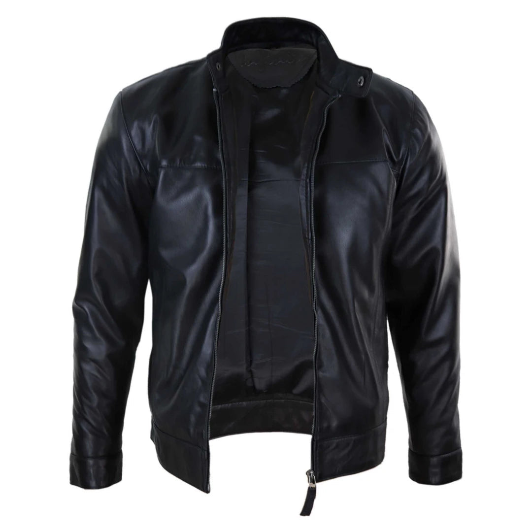 Mens Classic Zip Real Leather Jacket Nehru Grandad Collar Biker Style-TruClothing