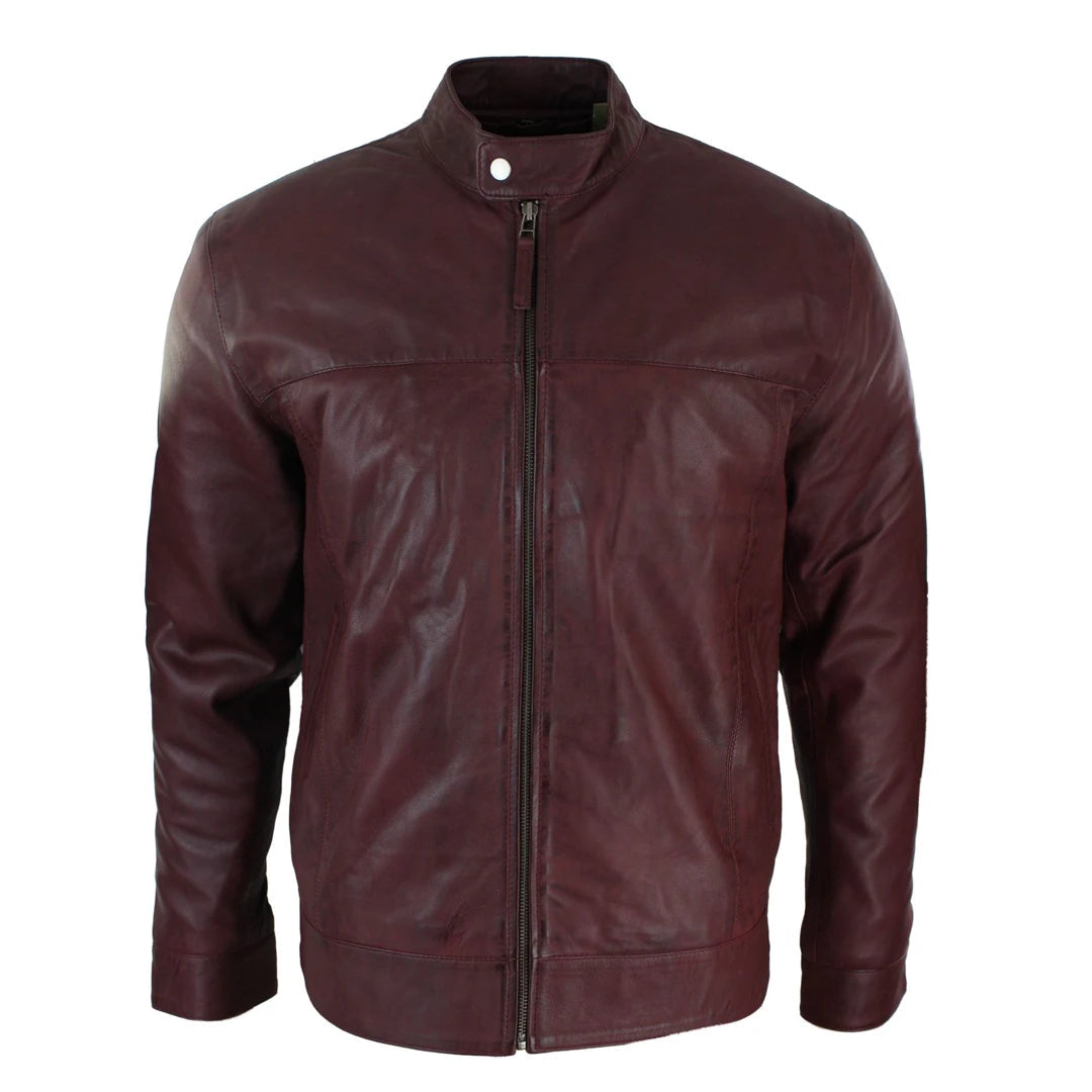 Mens Classic Zip Real Leather Jacket Nehru Grandad Collar Biker Style-TruClothing