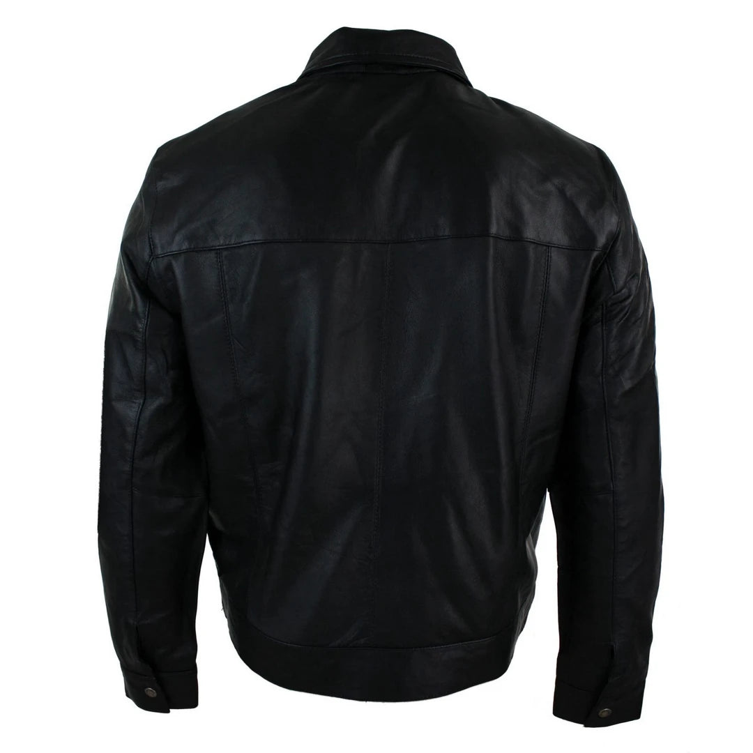 Mens Classic Zipped Real Leather Jacket Retro Black-TruClothing