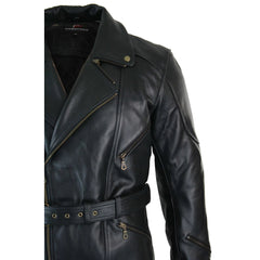 Mens Cross Zip Belted Black 3/4 Motorcycle Biker Long Leather Jacket CE Armour-TruClothing