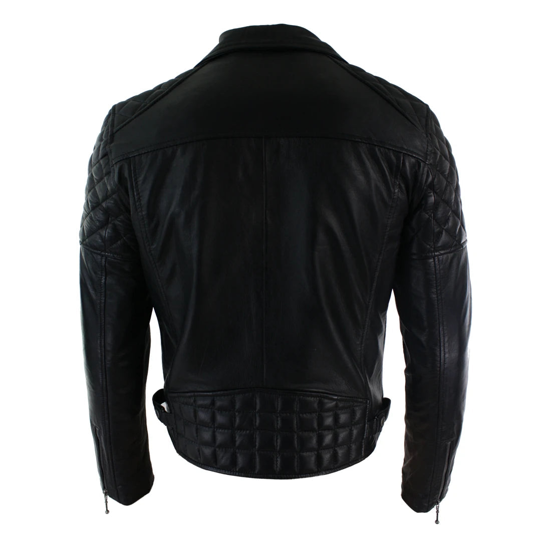 Mens Cross Zip Biker Jacket Real Leather Black Tailored Fit Retro Casual-TruClothing