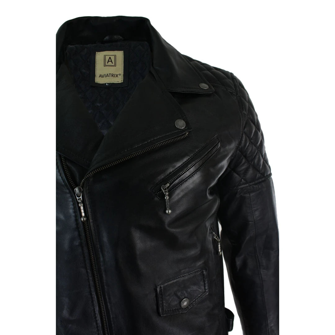 Mens Cross Zip Biker Jacket Real Leather Black Tailored Fit Retro Casual S - 5XL-TruClothing