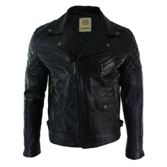 Mens Cross Zip Biker Jacket Real Leather Black Tailored Fit Retro Casual S - 5XL-TruClothing