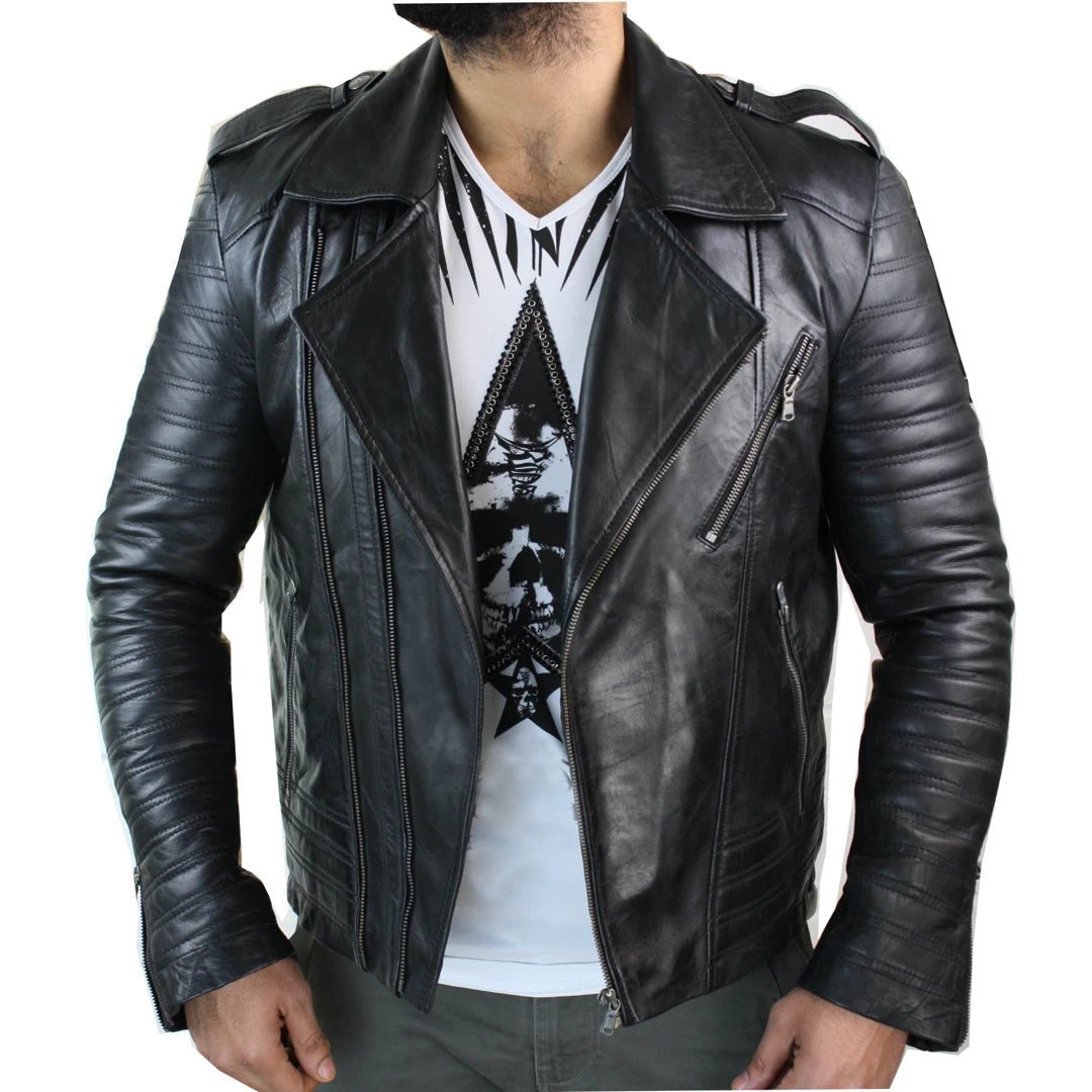 Mens Cross Zip Vintage Retro Biker Jacket Black Real Leather Urban Slim Fit-TruClothing