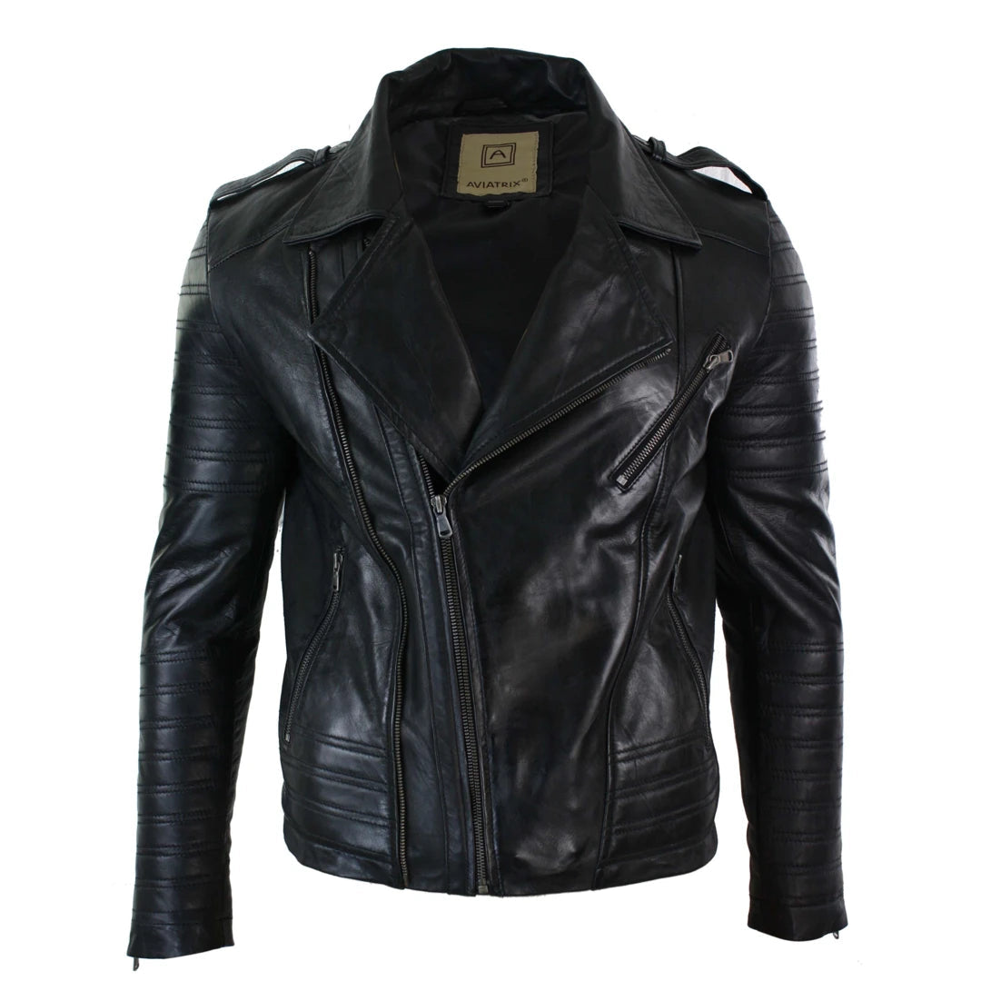 Mens Cross Zip Vintage Retro Biker Jacket Black Real Leather Urban Slim Fit-TruClothing