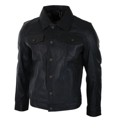 Mens Denim Style Black Leather Jacket-TruClothing