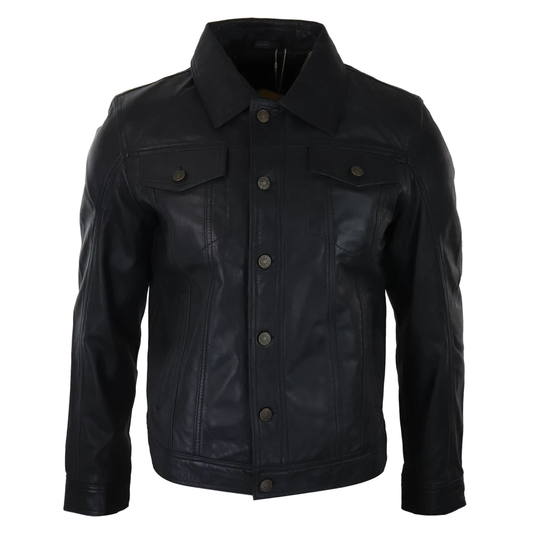 Mens Denim Style Black Leather Jacket-TruClothing