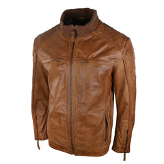 Mens Designer Tan Brown Biker Style Jacket Vintage Perforated Design Zip-TruClothing