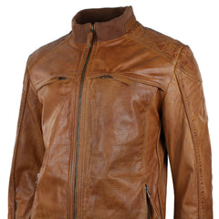 Mens Designer Tan Brown Biker Style Jacket Vintage Perforated Design Zip-TruClothing