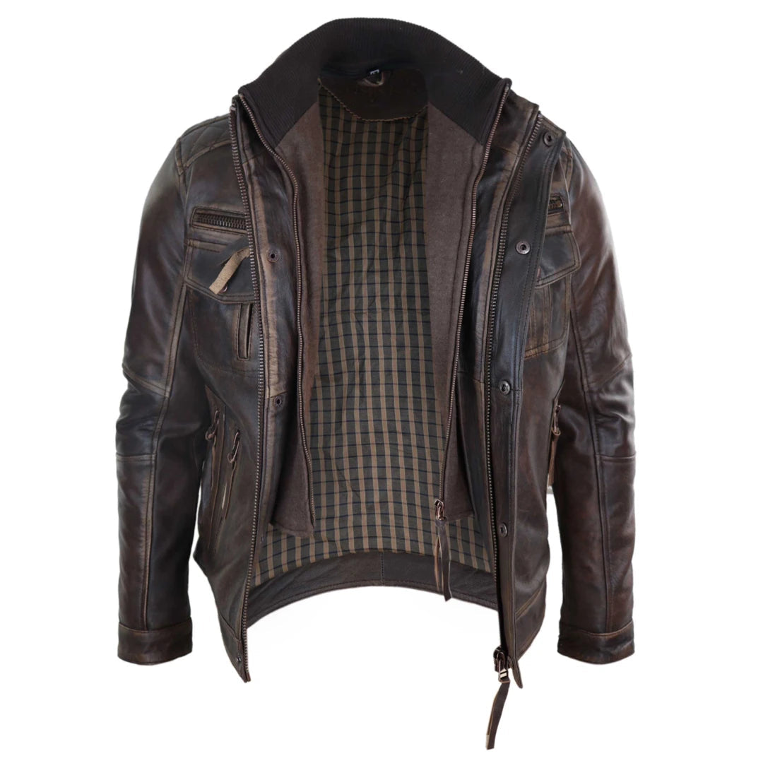 Mens Distressed Genuine Leather Biker Jacket Vintage Brown-TruClothing