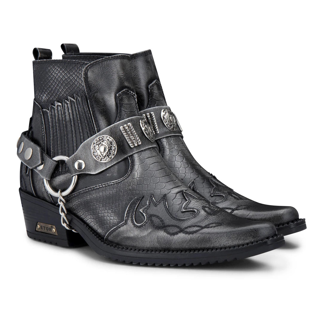 Men's Distressed Leather Cowboy Ankle Boots-TruClothing