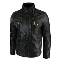 Mens Distressed Ruboff Black Brown Vintage Retro Military Leather Jacket Casual-TruClothing