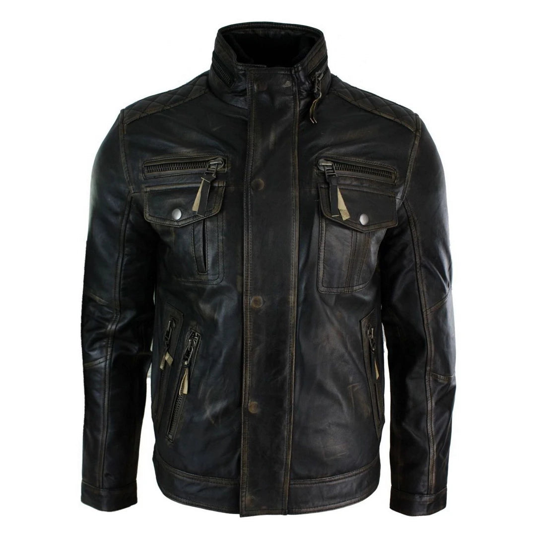 Mens Distressed Ruboff Black Brown Vintage Retro Military Leather Jacket Casual-TruClothing