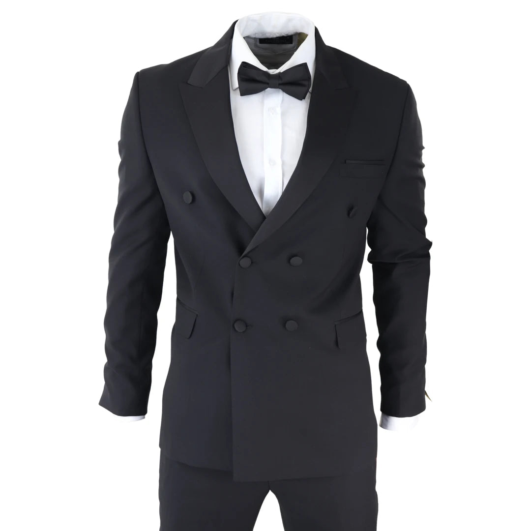 Mens Double Breasted Black Tuxedo Suit Dinner Jacket Stripe Trouser Tux Classic Satin-TruClothing