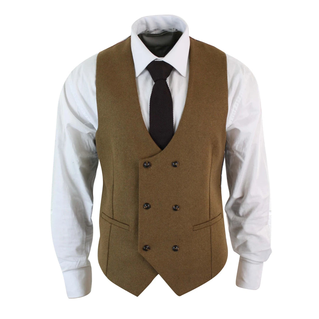 Mens Double Breasted Felt Tweed Vintage Retro Classic Waistcoat Slim Fit Herringbone-TruClothing